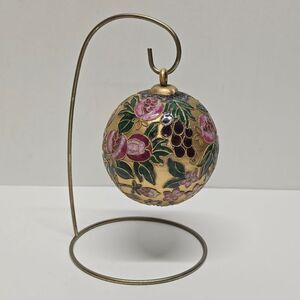 Vintage Floral Cloisonne Enameled Gold Ball Ornament With Stand Christmas Decor